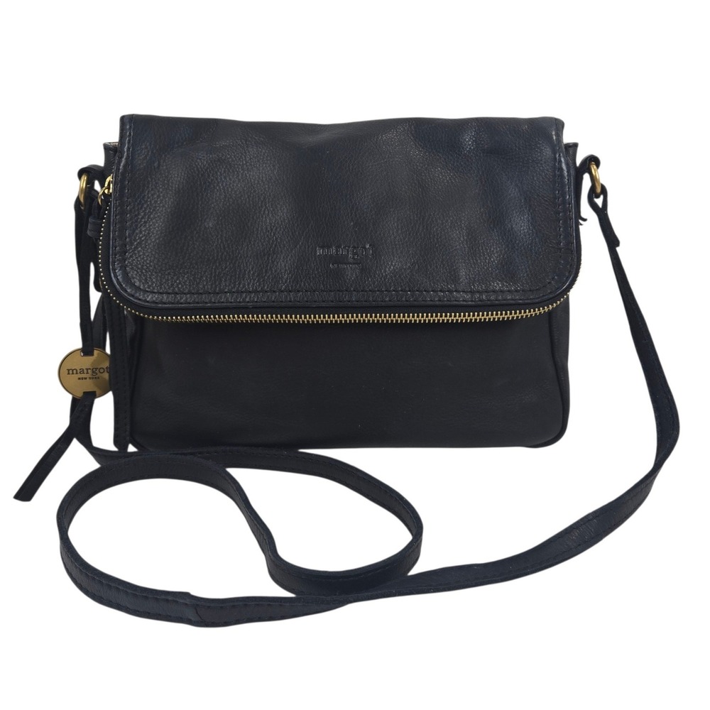 Margot New York Robbie Black Leather Fold Over Crossbody Shoulder Bag NEAR MINT